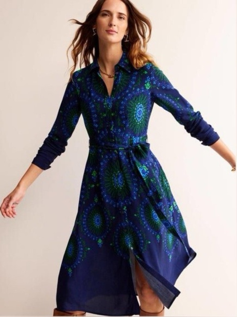 Boden Kate Midi Shirtdress Belted Long Sleeve French Navy Artizian Geo Print